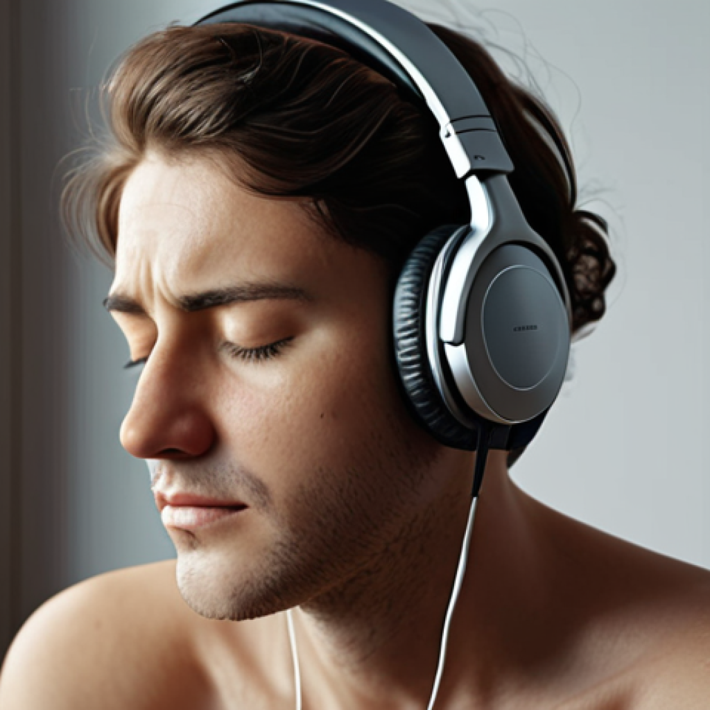 ** A person listening to an audiobook with headphones, eyes closed, looking peaceful and introspective. Focus on conveying a sense of deep connection and emotional resonance.

**