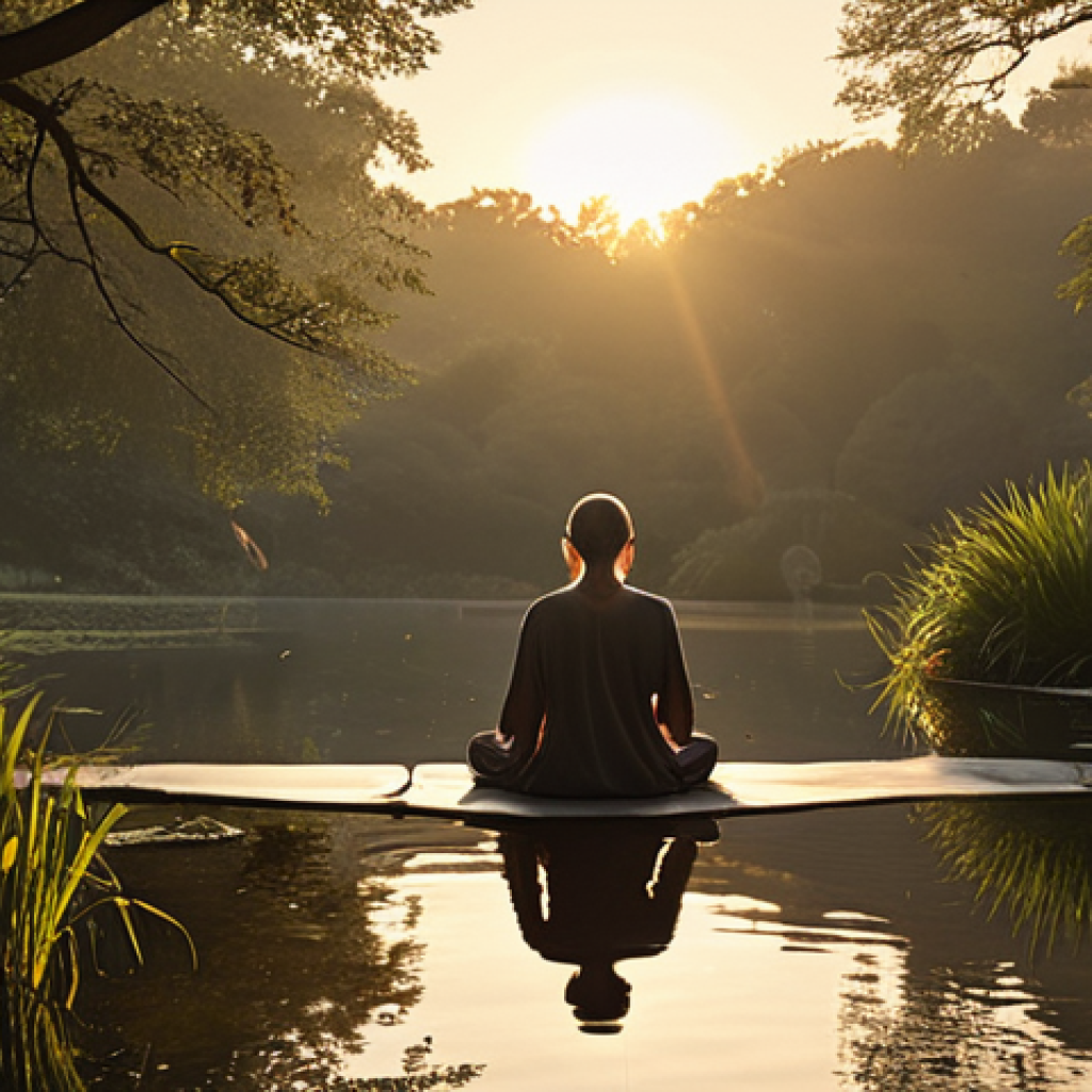 A serene and contemplative person, depicted in a peaceful, natural environment such as a calm lake at dawn or a quiet garden. Soft, warm light radiates gently from within them, symbolizing profound inner peace and the journey of self-discovery. The atmosphere is tranquil and reflective, emphasizing introspection and self-acceptance.
