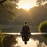 A serene and contemplative person, depicted in a peaceful, natural environment such as a calm lake at dawn or a quiet garden. Soft, warm light radiates gently from within them, symbolizing profound inner peace and the journey of self-discovery. The atmosphere is tranquil and reflective, emphasizing introspection and self-acceptance.