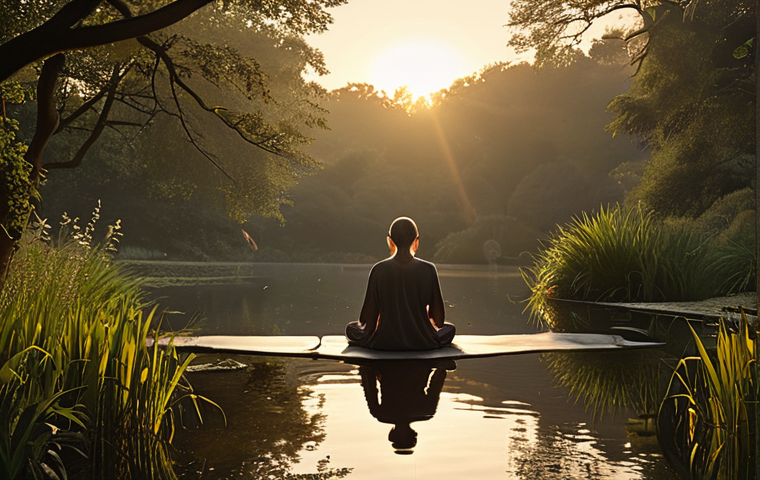 A serene and contemplative person, depicted in a peaceful, natural environment such as a calm lake at dawn or a quiet garden. Soft, warm light radiates gently from within them, symbolizing profound inner peace and the journey of self-discovery. The atmosphere is tranquil and reflective, emphasizing introspection and self-acceptance.