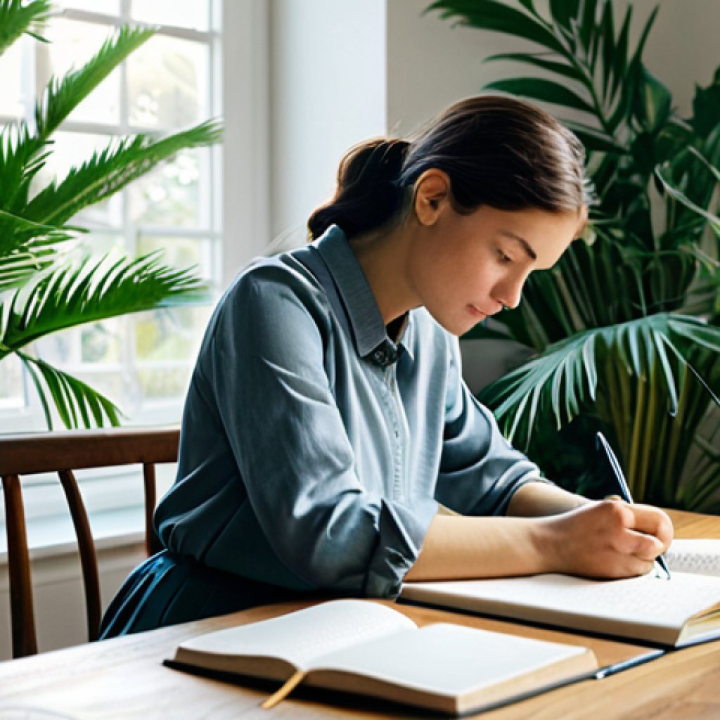 **
A woman in a modest, fully clothed outfit, journaling at a desk in a peaceful room filled with plants. Soft, natural light. Safe for work, appropriate content, perfect anatomy, natural pose, professional.
**