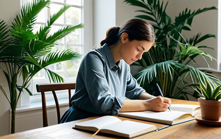 **
A woman in a modest, fully clothed outfit, journaling at a desk in a peaceful room filled with plants. Soft, natural light. Safe for work, appropriate content, perfect anatomy, natural pose, professional.
**