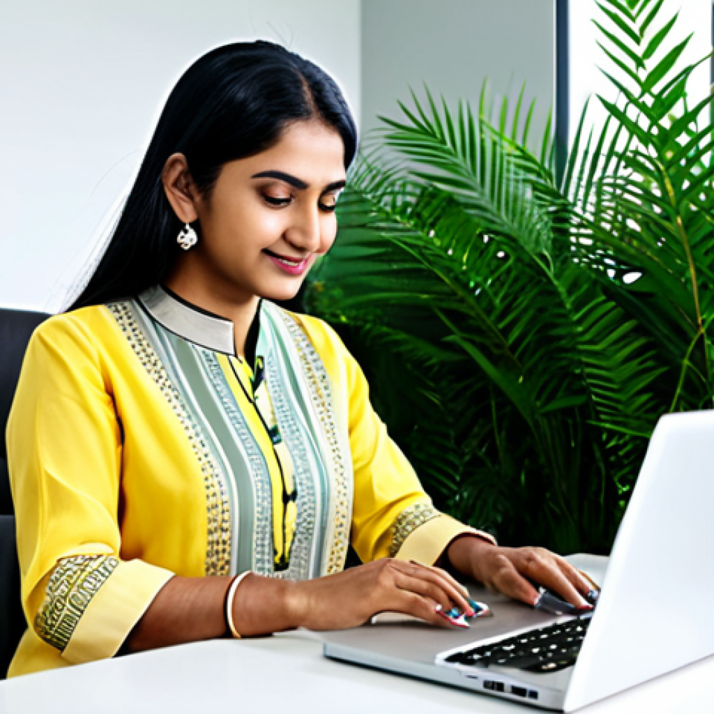 **
A professional South Asian woman, fully clothed in a modest, elegant salwar kameez, working on a laptop at a bright, modern desk. The office is clean and well-lit, with plants in the background. Safe for work, appropriate content, perfect anatomy, natural proportions, well-formed hands, proper finger count, professional.
**