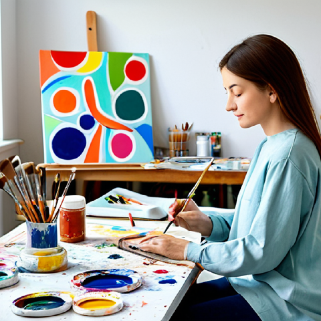 **
"A woman fully clothed in a modest, comfortable outfit, engaging in painting as a form of art therapy. She is sitting in a bright, airy studio surrounded by art supplies - paintbrushes, colorful paints, canvases. The atmosphere is calm and peaceful. Perfect anatomy, natural pose, safe for work, appropriate content, fully clothed, professional, family-friendly, high quality."
**