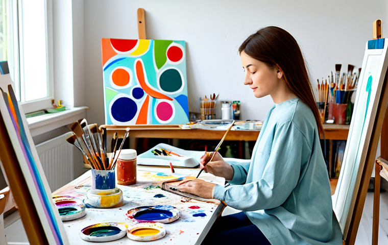**
"A woman fully clothed in a modest, comfortable outfit, engaging in painting as a form of art therapy. She is sitting in a bright, airy studio surrounded by art supplies - paintbrushes, colorful paints, canvases. The atmosphere is calm and peaceful. Perfect anatomy, natural pose, safe for work, appropriate content, fully clothed, professional, family-friendly, high quality."
**