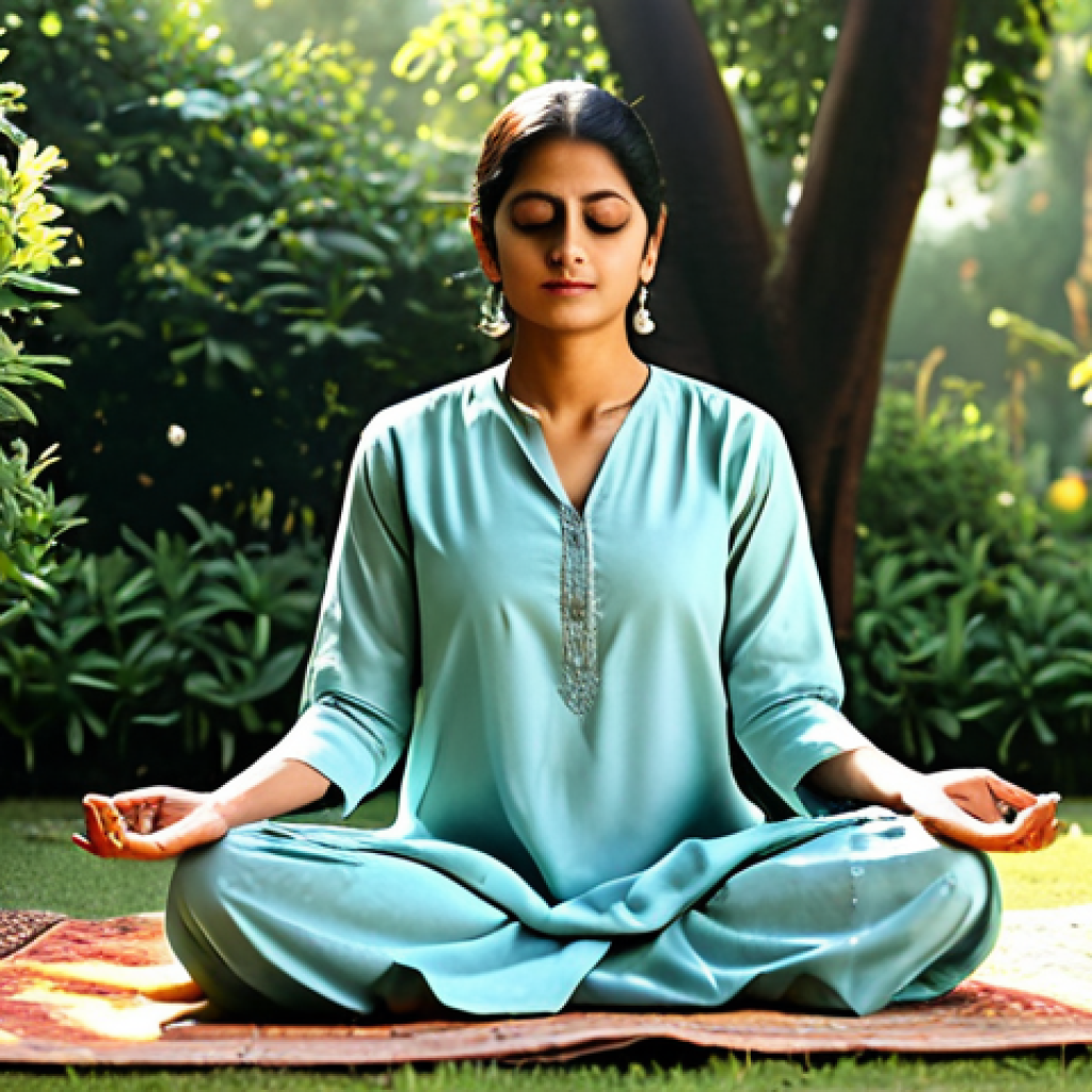 자기 수용을 위한 자아 탐구 질문 - **
"A woman, fully clothed in a modest salwar kameez, meditates peacefully in a quiet garden. Sunli...