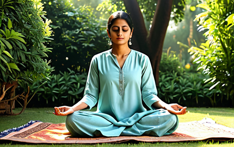 자기 수용을 위한 자아 탐구 질문 - **
"A woman, fully clothed in a modest salwar kameez, meditates peacefully in a quiet garden. Sunli...