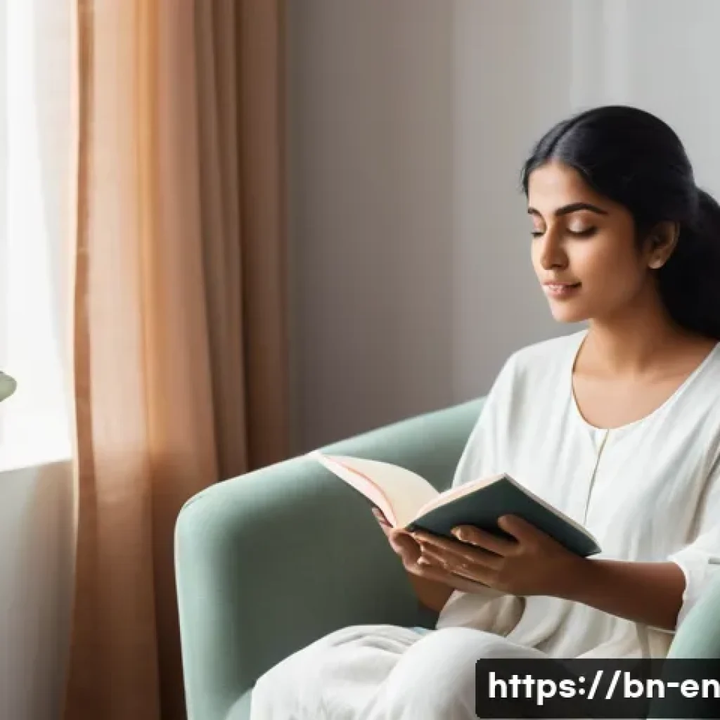 자기 수용 심화 실천을 위한 전략 모색하기 - A serene and cozy indoor scene featuring a young Bengali woman sitting comfortably on a plush armcha...