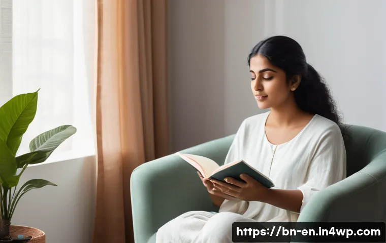 자기 수용 심화 실천을 위한 전략 모색하기 - A serene and cozy indoor scene featuring a young Bengali woman sitting comfortably on a plush armcha...