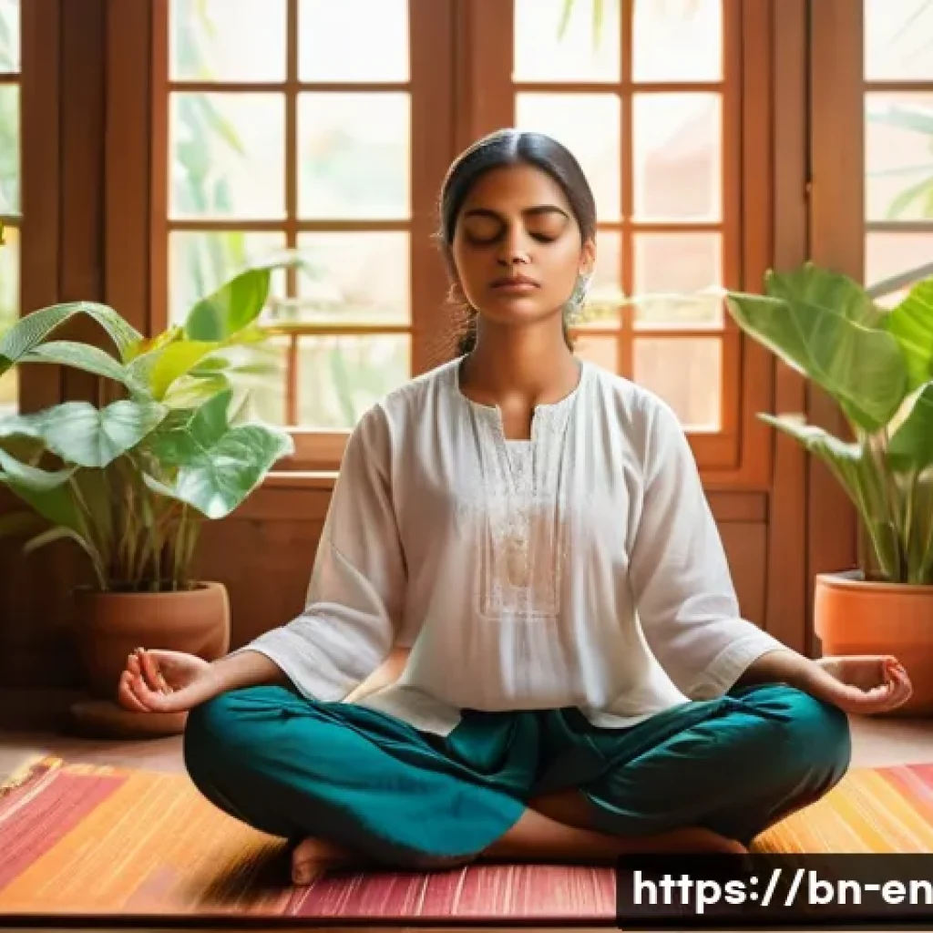 자기 수용을 위한 행동 변화 프로그램 - A serene scene of a young Bengali woman practicing mindfulness meditation in a traditional home sett...