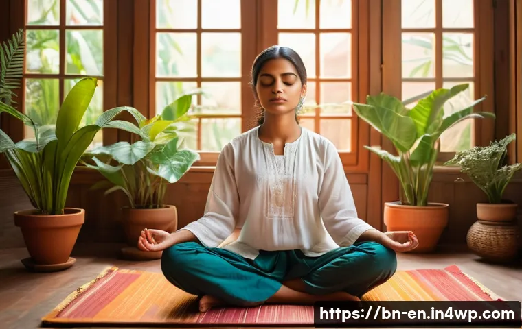 자기 수용을 위한 행동 변화 프로그램 - A serene scene of a young Bengali woman practicing mindfulness meditation in a traditional home sett...
