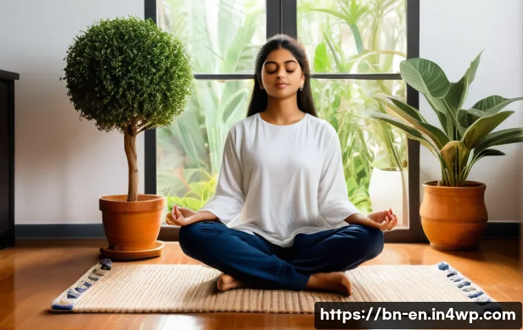 자기 수용을 위한 자아 수용 훈련 - A serene and cozy indoor scene featuring a young Bengali woman sitting cross-legged on a soft rug, m...