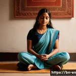 Home 22 자기 수용을 위한 멘탈 모델 이해하기 - A serene, introspective scene depicting a young Bengali woman sitting cross-legged on a traditional ...