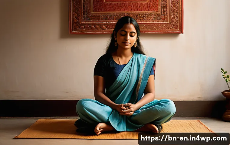 자기 수용을 위한 멘탈 모델 이해하기 - A serene, introspective scene depicting a young Bengali woman sitting cross-legged on a traditional ...