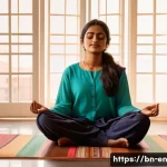 Home 21 자기 수용을 위한 긍정적 환경 만들기 - A serene and warm indoor scene featuring a young Bengali woman sitting cross-legged on a colorful tr...