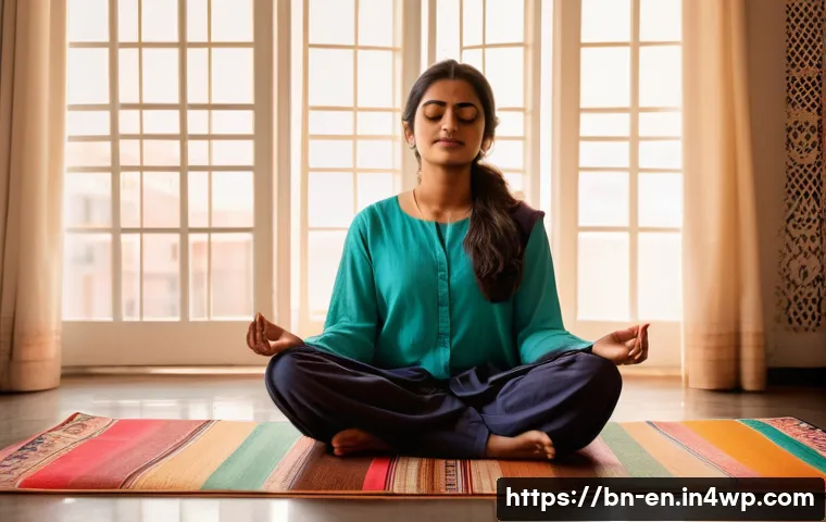 자기 수용을 위한 긍정적 환경 만들기 - A serene and warm indoor scene featuring a young Bengali woman sitting cross-legged on a colorful tr...