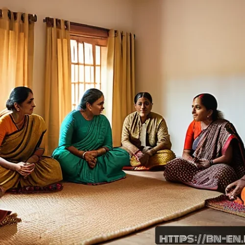 Home 32 자기 수용 심화 실천을 위한 그룹 활동 - A diverse group of Bengali adults sitting in a cozy, warmly lit room engaged in a deep, introspectiv...