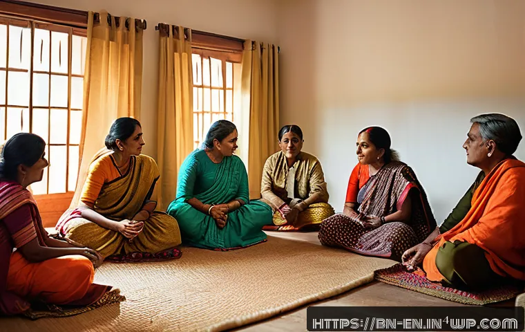 자기 수용 심화 실천을 위한 그룹 활동 - A diverse group of Bengali adults sitting in a cozy, warmly lit room engaged in a deep, introspectiv...