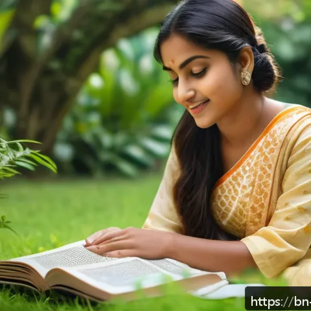 자기 수용을 위한 소셜 미디어 활용법 - A serene portrait of a young Bengali woman sitting peacefully in a lush green garden, reading her fa...