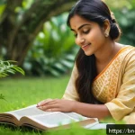 Home 19 자기 수용을 위한 소셜 미디어 활용법 - A serene portrait of a young Bengali woman sitting peacefully in a lush green garden, reading her fa...