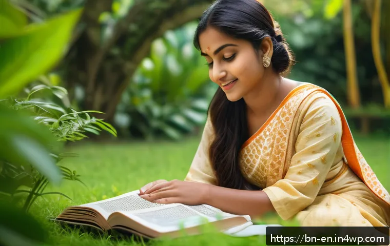 자기 수용을 위한 소셜 미디어 활용법 - A serene portrait of a young Bengali woman sitting peacefully in a lush green garden, reading her fa...