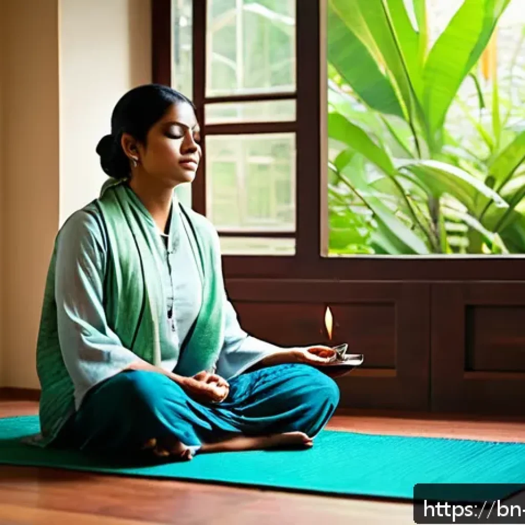 자기 수용 훈련 영상 추천 - A serene morning scene featuring a young Bengali woman sitting cross-legged on a traditional wooden ...