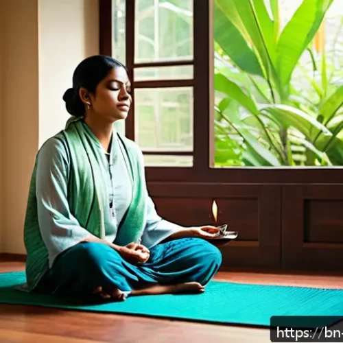 Home 30 자기 수용 훈련 영상 추천 - A serene morning scene featuring a young Bengali woman sitting cross-legged on a traditional wooden ...