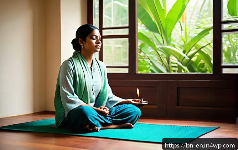 자기 수용 훈련 영상 추천 - A serene morning scene featuring a young Bengali woman sitting cross-legged on a traditional wooden ...
