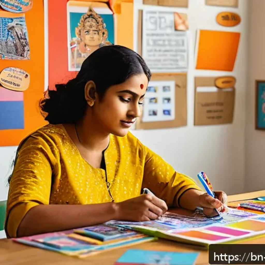 자기 수용을 위한 비전 보드 만들기 - A vibrant and colorful vision board workspace featuring a South Asian Bengali woman in modest, casua...