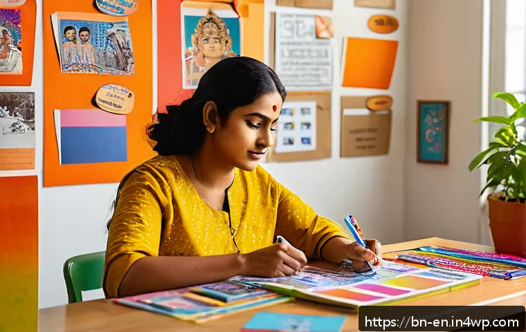 자기 수용을 위한 비전 보드 만들기 - A vibrant and colorful vision board workspace featuring a South Asian Bengali woman in modest, casua...