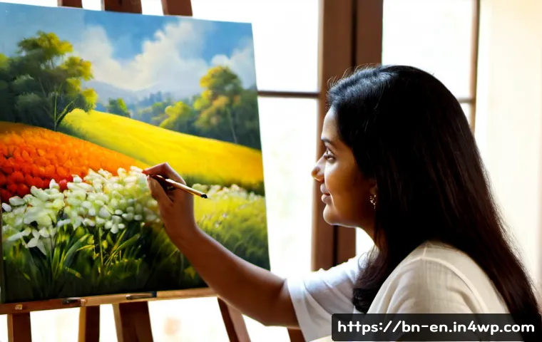 Home 17 자기 수용을 위한 취미 활동의 중요성 - Photorealistic warm lifestyle scene of a Bengali woman in her 40s peacefully painting a small landsc...